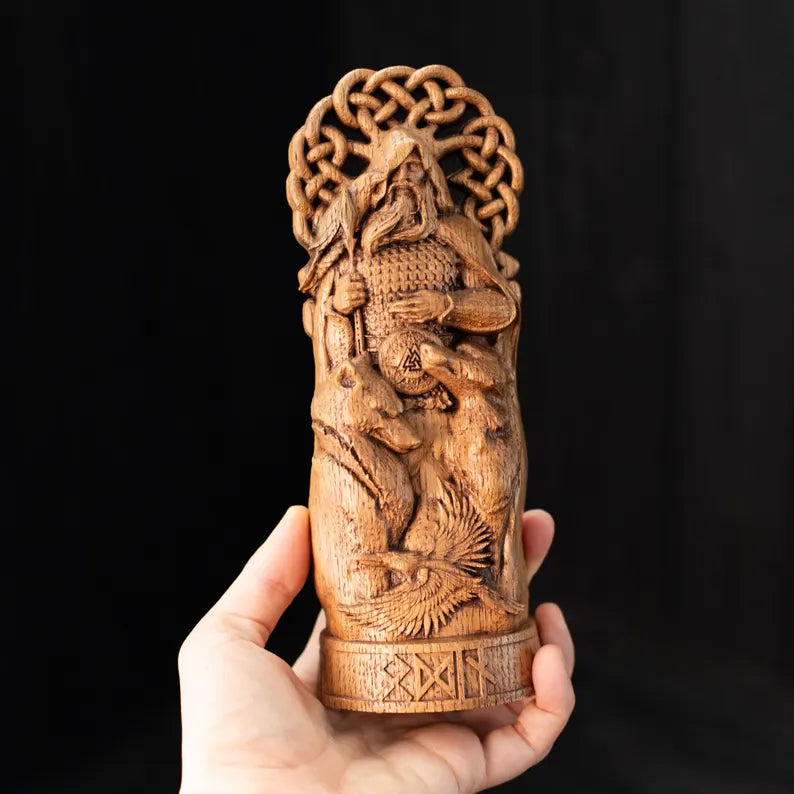 Hand-Carved Odin Wooden Statue – Viking Decor and Gift for Norse Mythology Enthusiasts, VK0002
