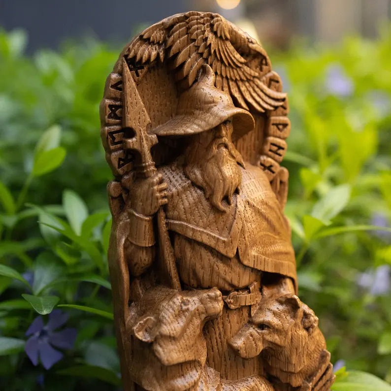 Hand-Carved Odin Wooden Statue – Viking Decor and Gift for Norse Mythology Enthusiasts, VK0001