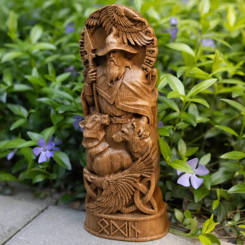 Hand-Carved Odin Wooden Statue – Viking Decor and Gift for Norse Mythology Enthusiasts, VK0001