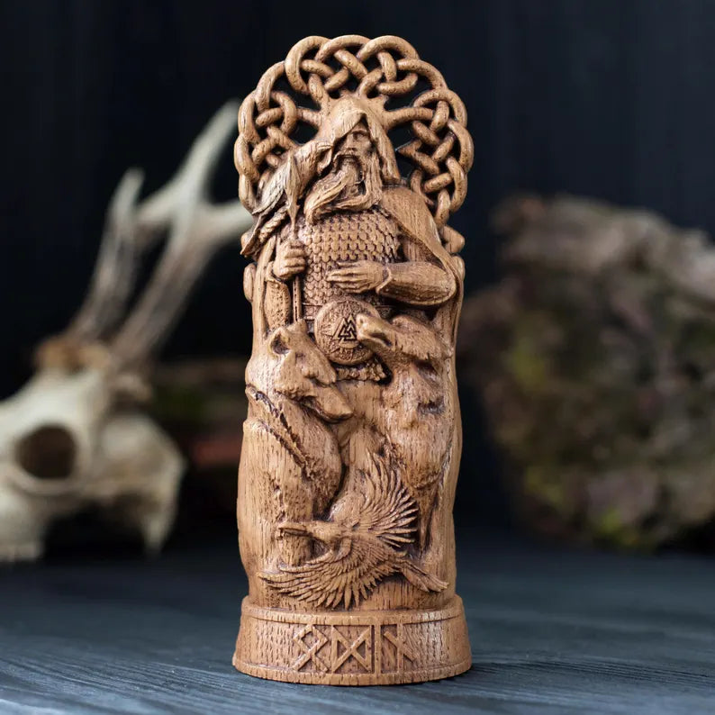 Hand-Carved Odin Wooden Statue – Viking Decor and Gift for Norse Mythology Enthusiasts, VK0002
