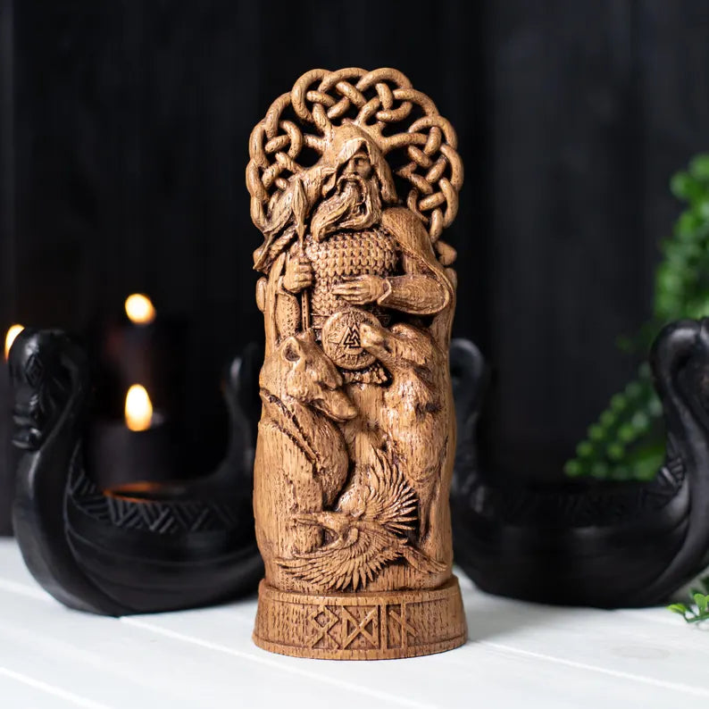 Hand-Carved Odin Wooden Statue – Viking Decor and Gift for Norse Mythology Enthusiasts, VK0002