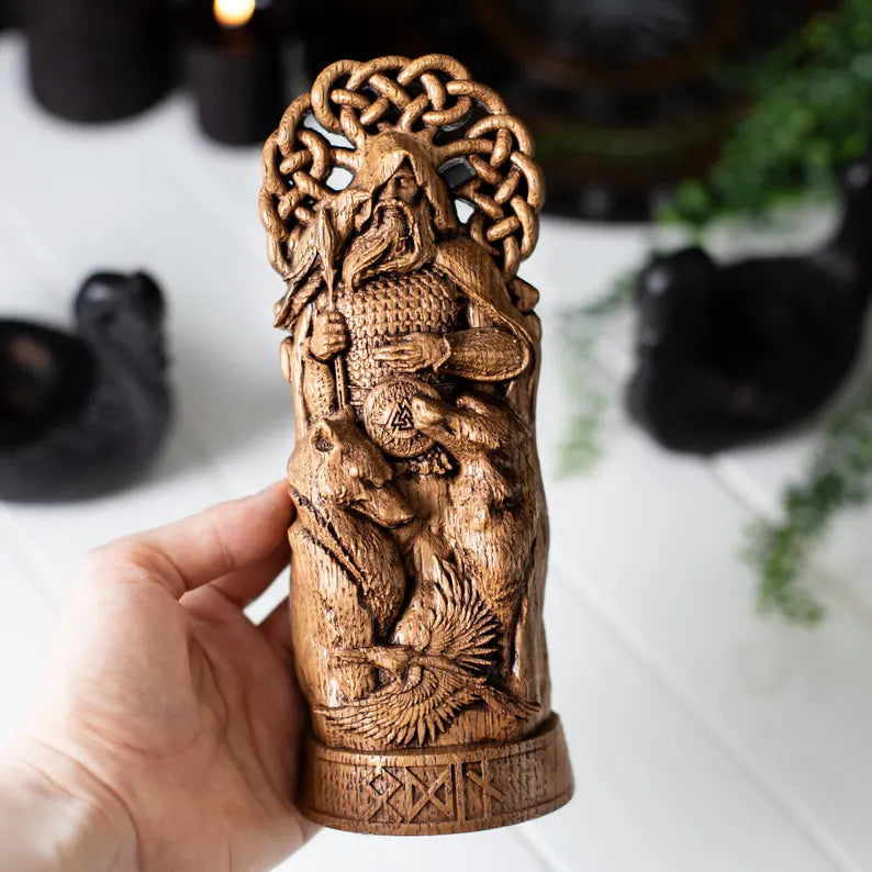 Hand-Carved Odin Wooden Statue – Viking Decor and Gift for Norse Mythology Enthusiasts, VK0002