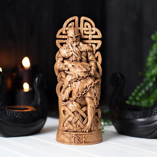 Tyr & Fenrir Statue – Norse Legend of Courage and Sacrifice, Hand Carved Viking Wood Sculpture, VK0046