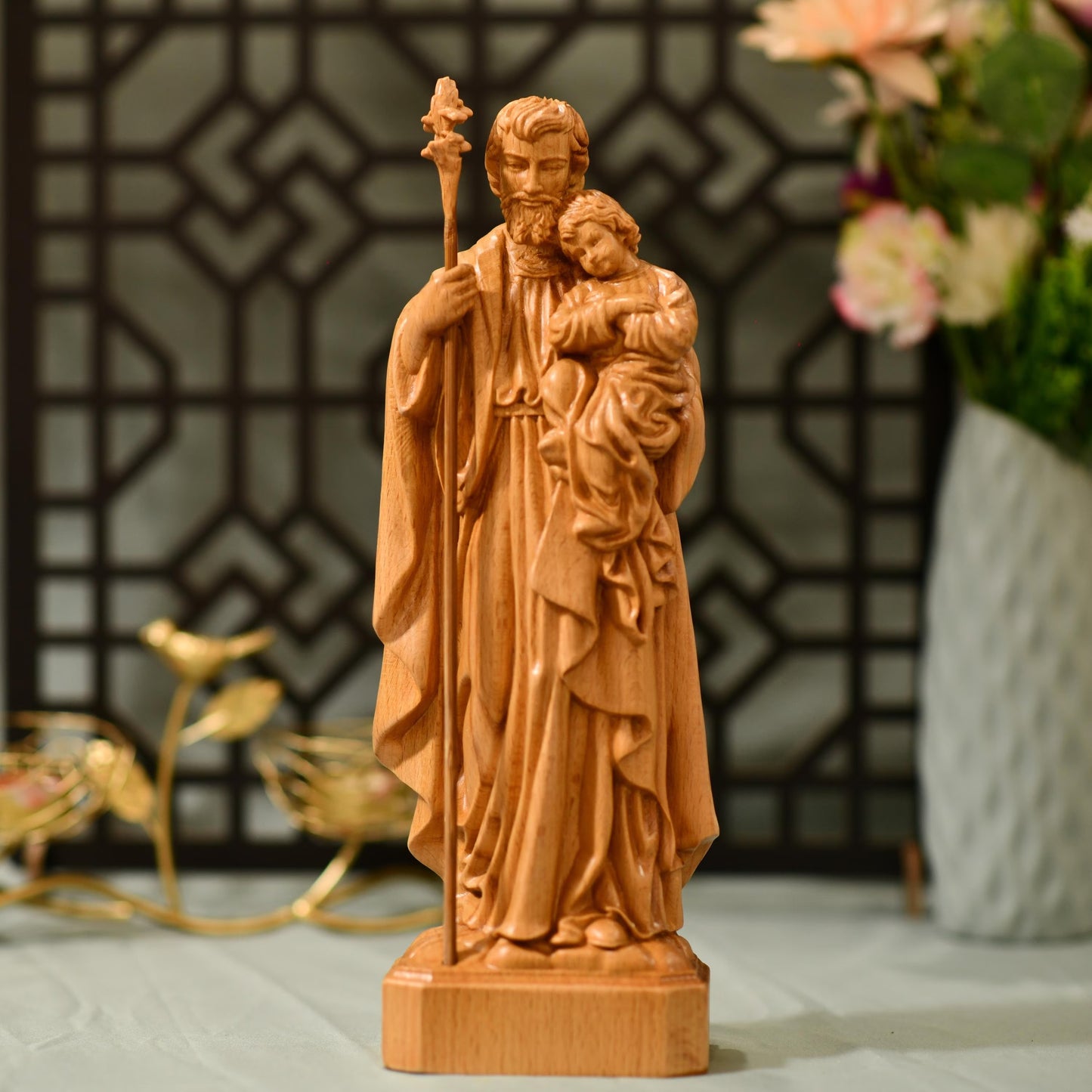 St. Joseph Holding Baby Jesus Statue - Handcrafted Wooden Statue