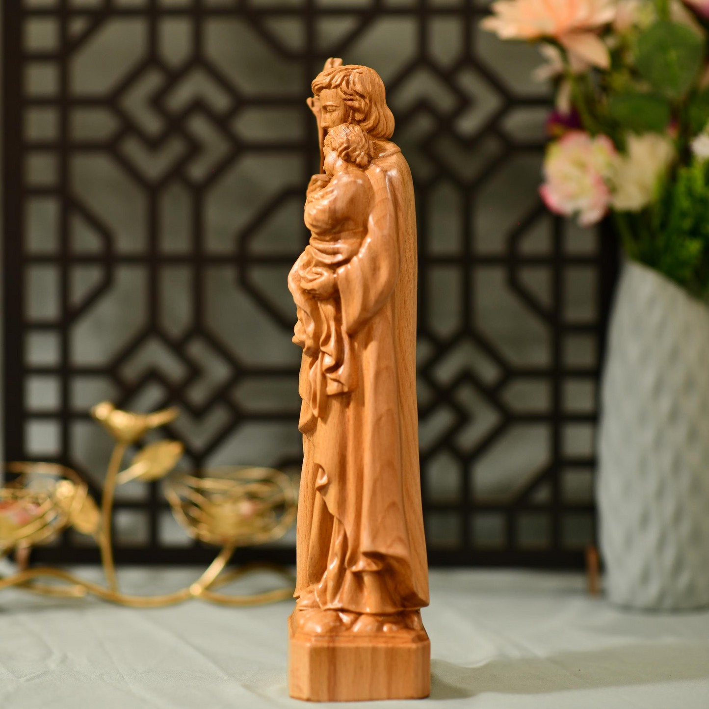 St. Joseph Holding Baby Jesus Statue - Handcrafted Wooden Statue