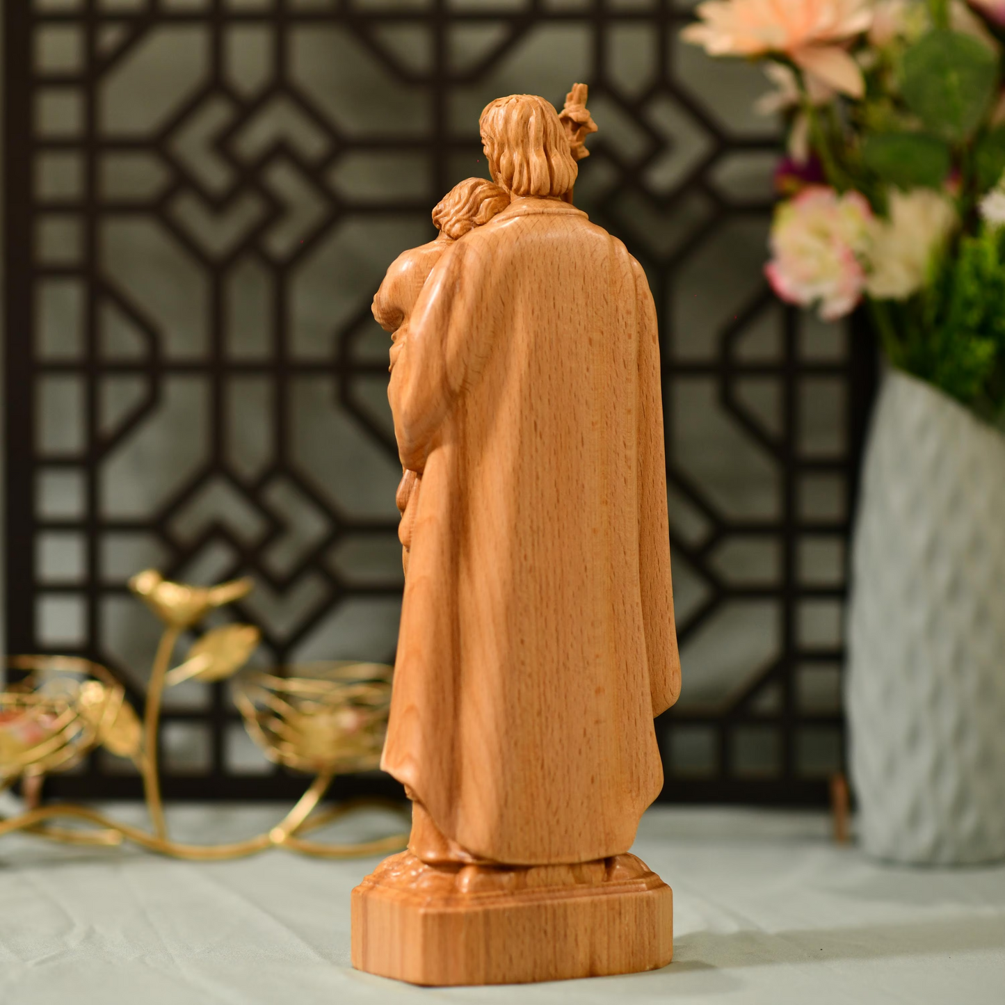 St. Joseph Holding Baby Jesus Statue - Handcrafted Wooden Statue