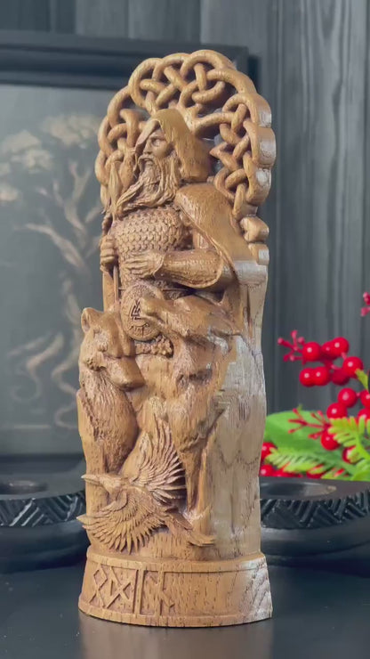 Hand-Carved Odin Wooden Statue – Viking Decor and Gift for Norse Mythology Enthusiasts, VK0002