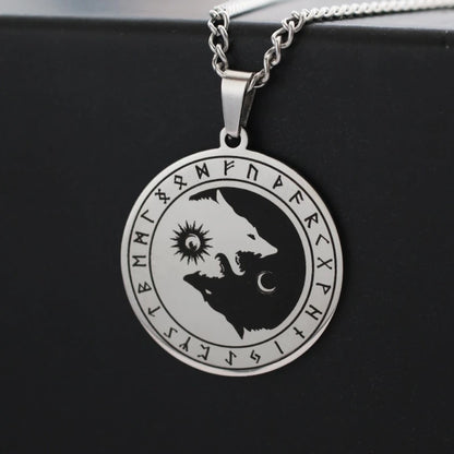 Fenrir Necklace – Viking Wolf, Moon and Rune Symbol Pendant, Norse Mythology Jewelry, VKN0003
