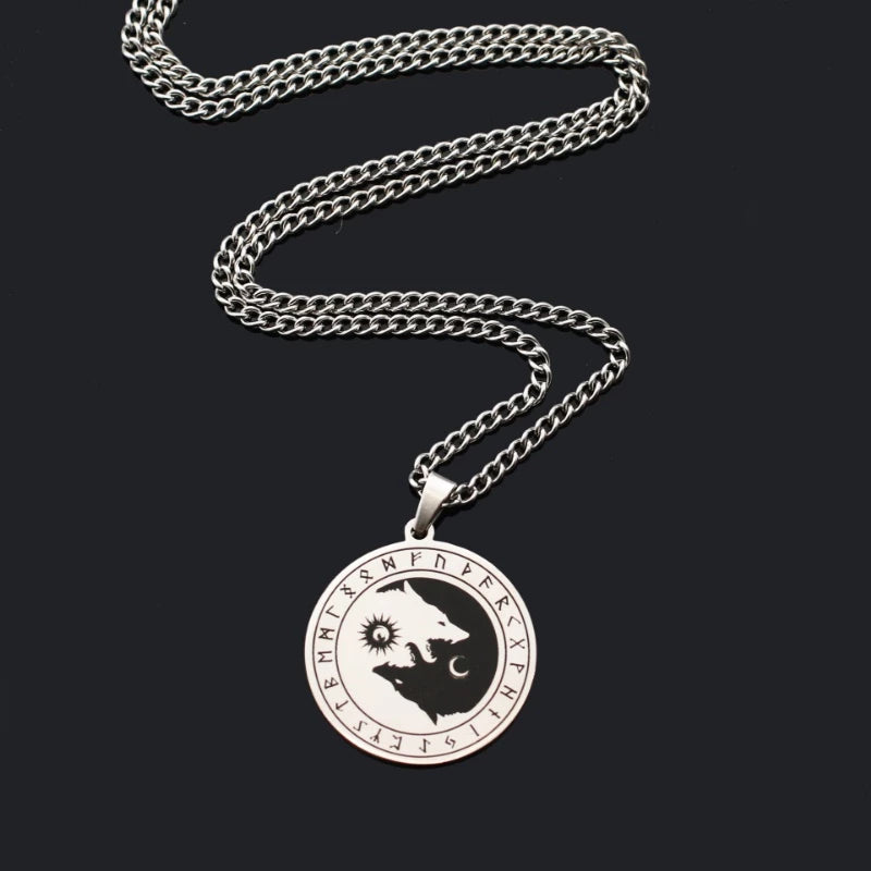 Fenrir Necklace – Viking Wolf, Moon and Rune Symbol Pendant, Norse Mythology Jewelry, VKN0003