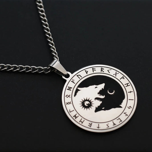 Fenrir Necklace – Viking Wolf, Moon and Rune Symbol Pendant, Norse Mythology Jewelry, VKN0003