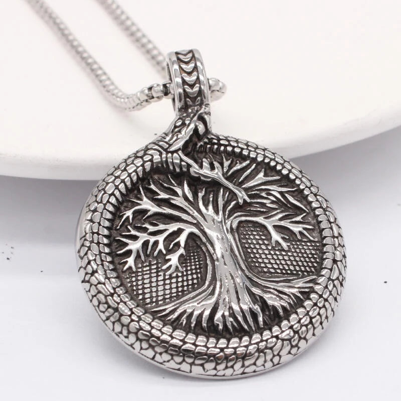 Yggdrasil Necklace – World Tree & Jormungandr World Serpent Pendant, Viking Rune Jewelry, Norse Mythology Gift, VKN0001