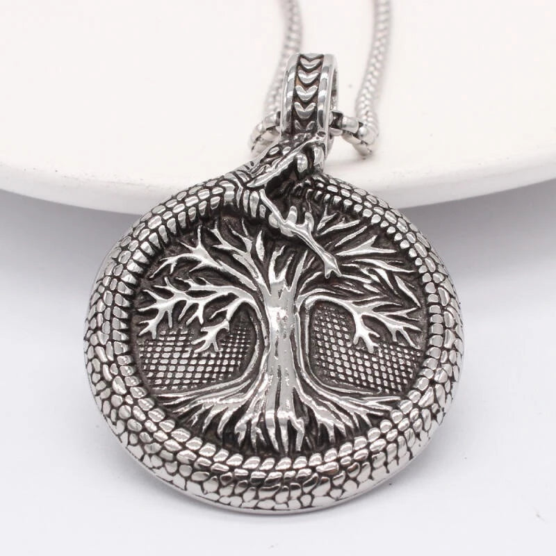 Yggdrasil Necklace – World Tree & Jormungandr World Serpent Pendant, Viking Rune Jewelry, Norse Mythology Gift, VKN0001